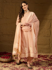 Women Nude Chanderi Self Design Straight Kurta Trouser With Dupatta-PKSKD2903