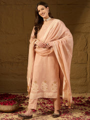 Women Nude Chanderi Self Design Straight Kurta Trouser With Dupatta-PKSKD2903