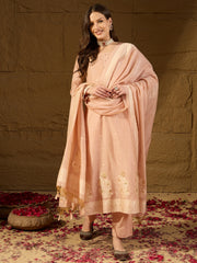 Women Nude Chanderi Self Design Straight Kurta Trouser With Dupatta-PKSKD2903