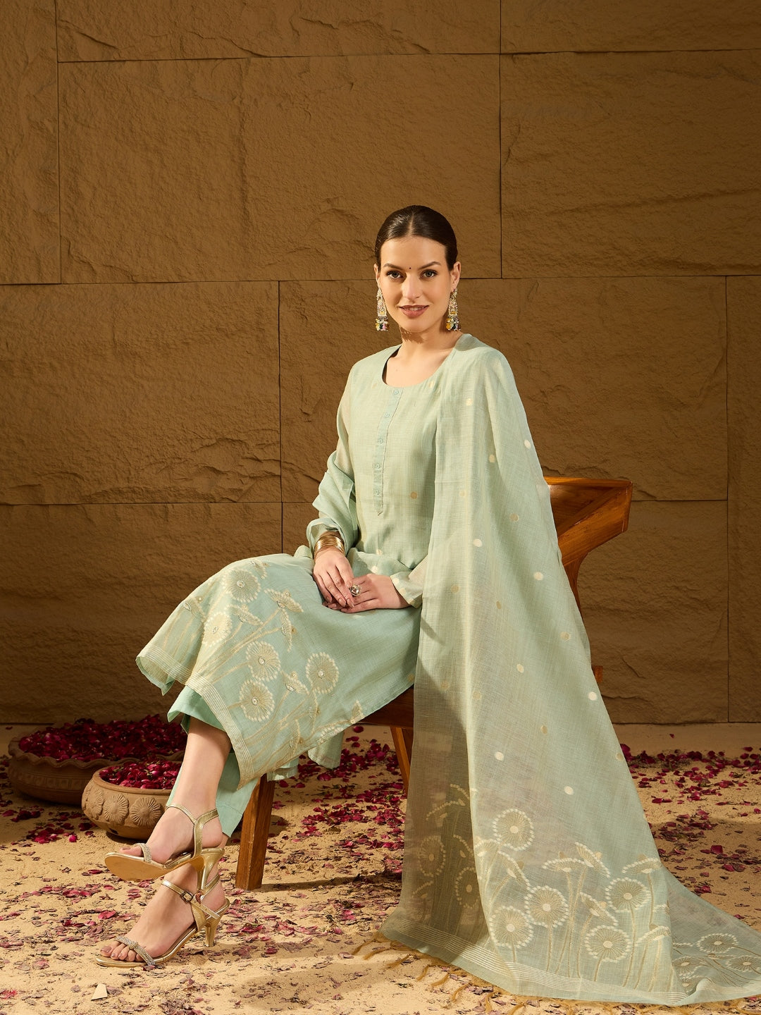 Women Blue Chanderi Solid Woven Design Straight Kurta Trousers With Dupatta-PKSKD2905