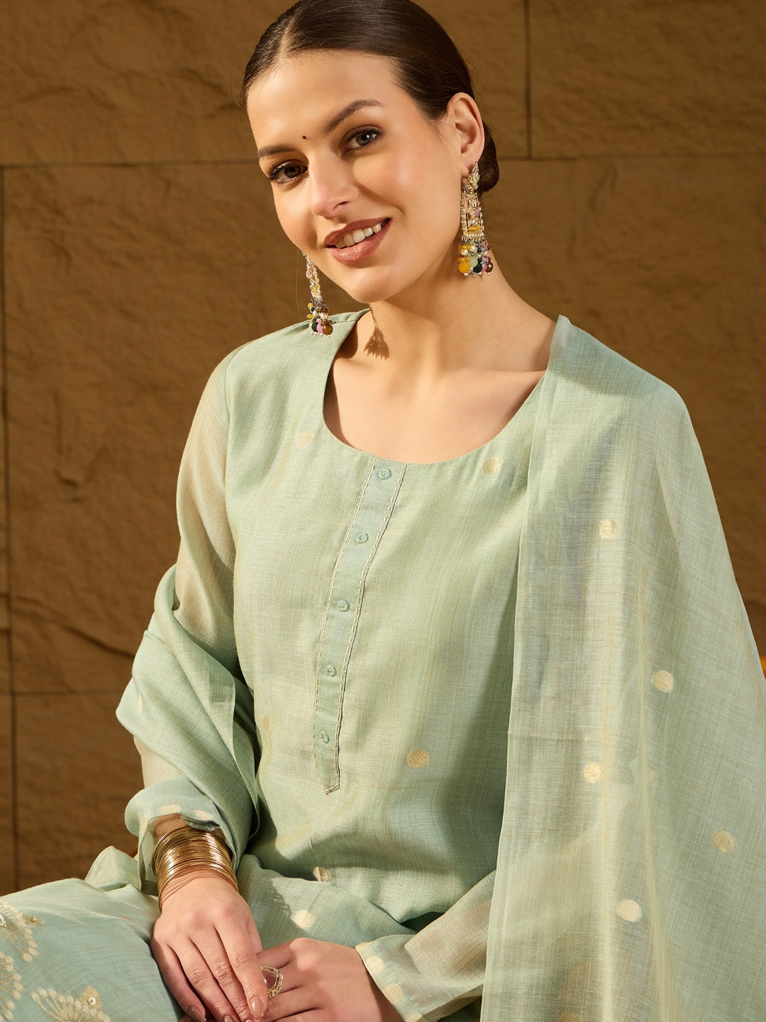 Women Blue Chanderi Solid Woven Design Straight Kurta Trousers With Dupatta