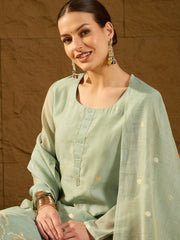 Women Blue Chanderi Solid Woven Design Straight Kurta Trousers With Dupatta-PKSKD2905