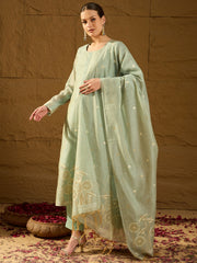 Women Blue Chanderi Solid Woven Design Straight Kurta Trousers With Dupatta-PKSKD2905