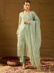 Women Blue Chanderi Solid Woven Design Straight Kurta Trousers With Dupatta-PKSKD2905