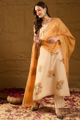 Off White Chanderi Solid Woven Design Straight Kurta Trouser With Dupatta PKSKD2906