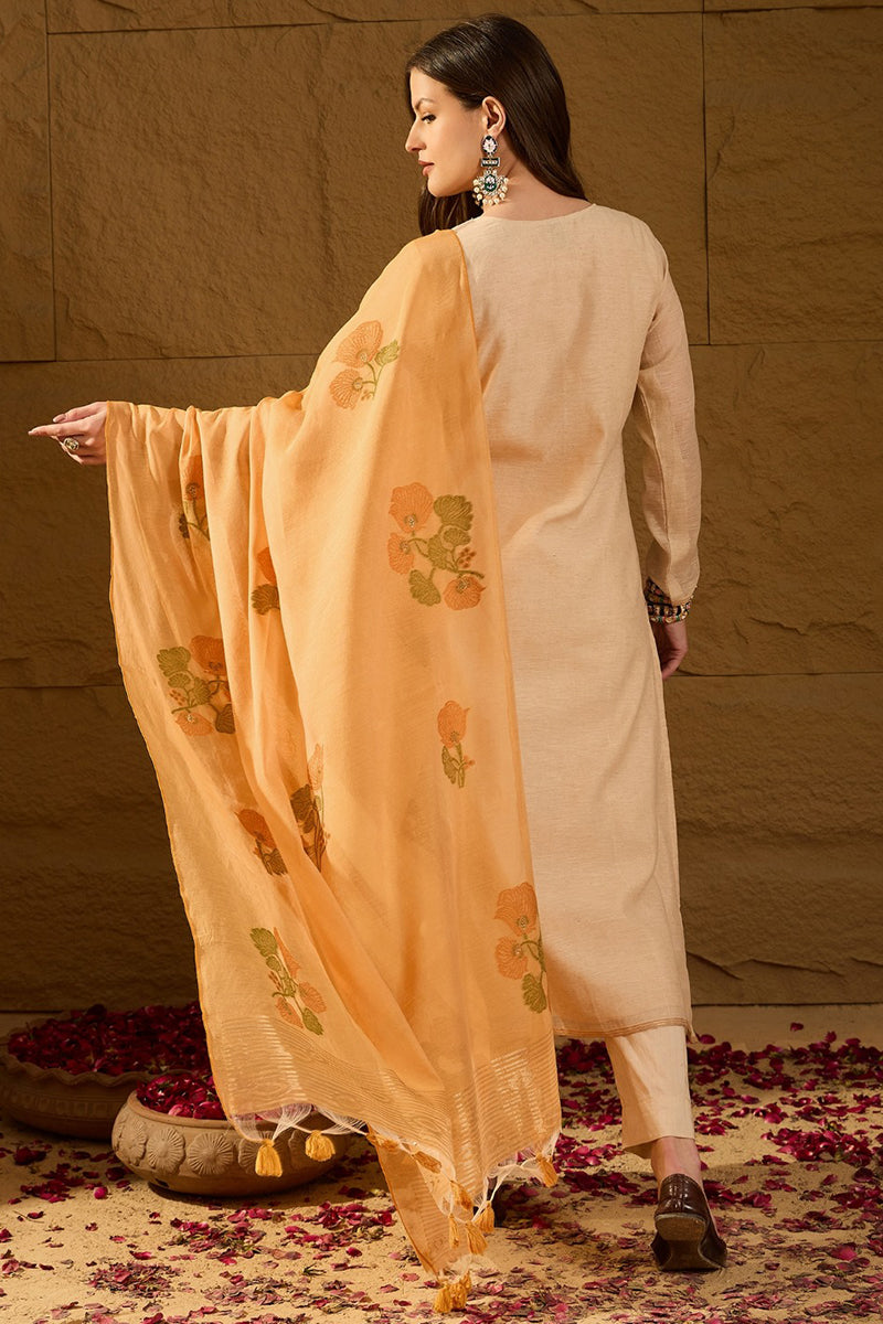 Off White Chanderi Solid Woven Design Straight Kurta Trouser With Dupatta PKSKD2906