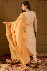 Off White Chanderi Solid Woven Design Straight Kurta Trouser With Dupatta PKSKD2906