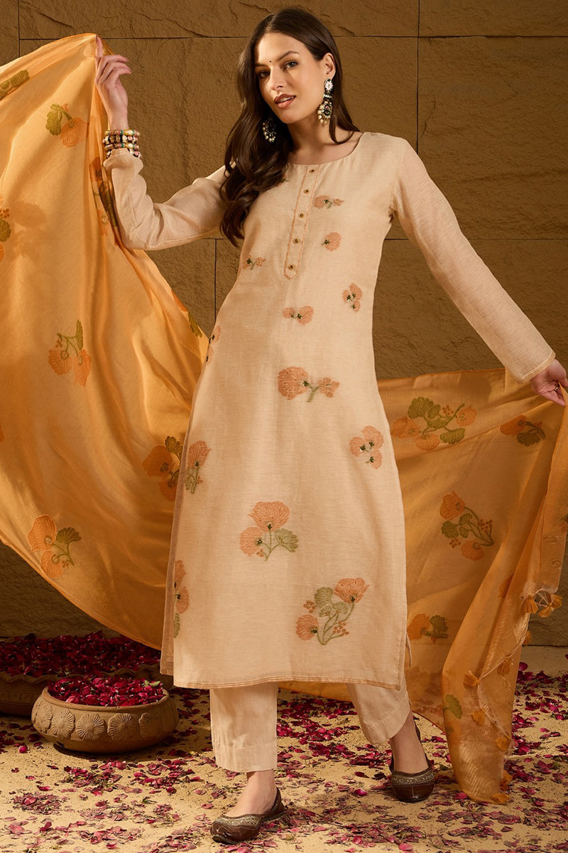 Off White Chanderi Solid Woven Design Straight Kurta Trouser With Dupatta PKSKD2906