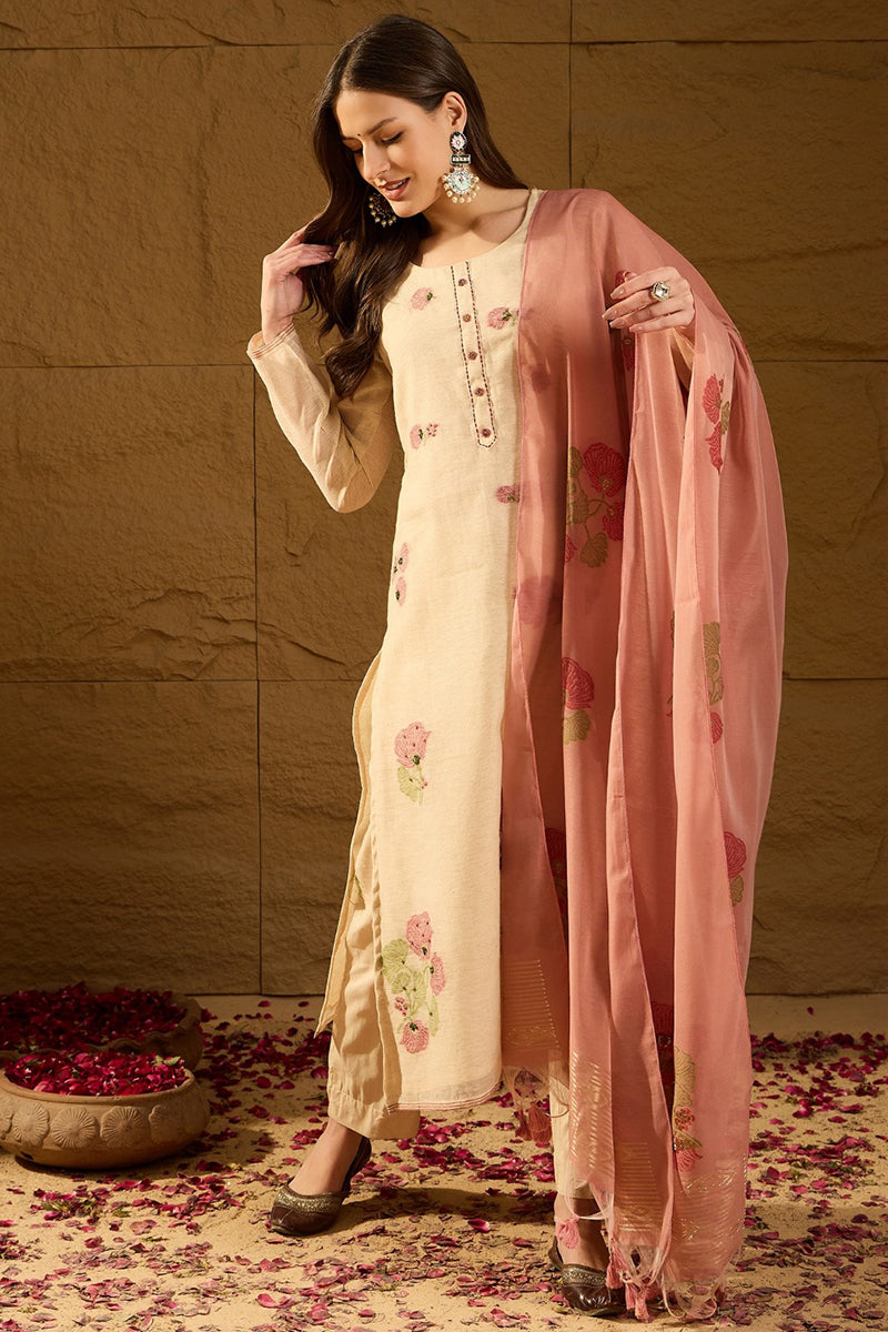 Off White Chanderi Solid Woven Design Straight Kurta Trouser With Dupatta PKSKD2907
