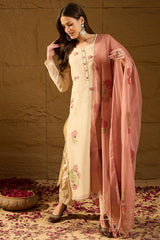 Off White Chanderi Solid Woven Design Straight Kurta Trouser With Dupatta PKSKD2907