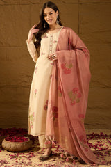 Off White Chanderi Solid Woven Design Straight Kurta Trouser With Dupatta PKSKD2907