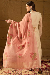 Off White Chanderi Solid Woven Design Straight Kurta Trouser With Dupatta PKSKD2907
