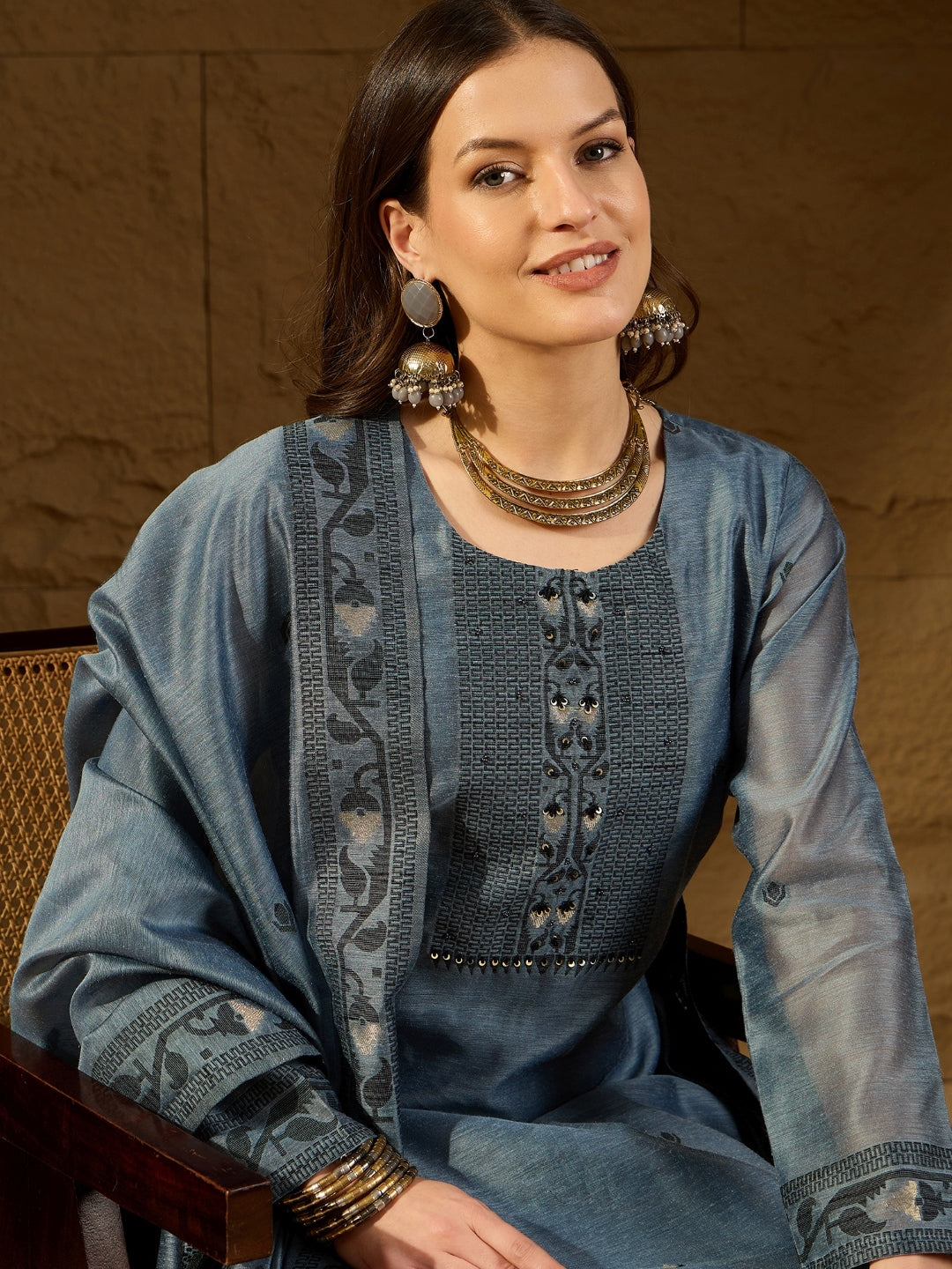 Women Blue Chanderi Woven Design Straight Kurta Trouser With Dupatta