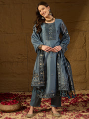 Women Blue Chanderi Woven Design Straight Kurta Trouser With Dupatta-PKSKD2908