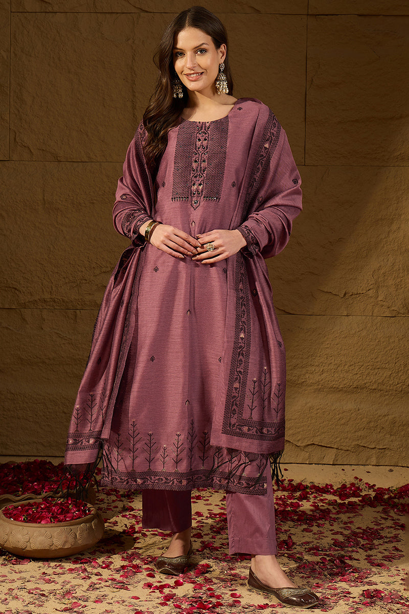 Mauve Chanderi Woven Design Straight Kurta Trouser with Dupatta PKSKD2