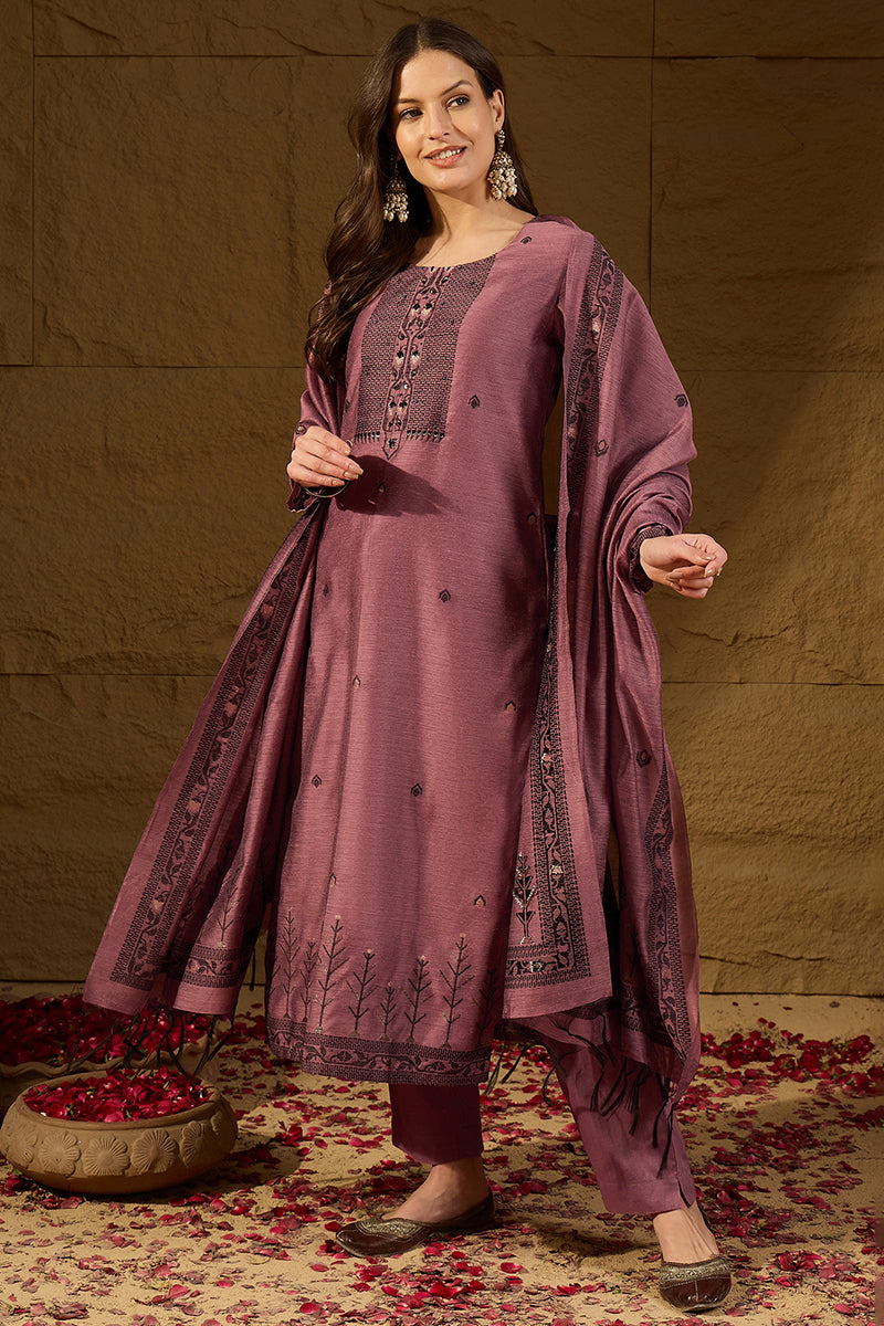 Mauve Chanderi Woven Design Straight Kurta Trouser with Dupatta PKSKD2