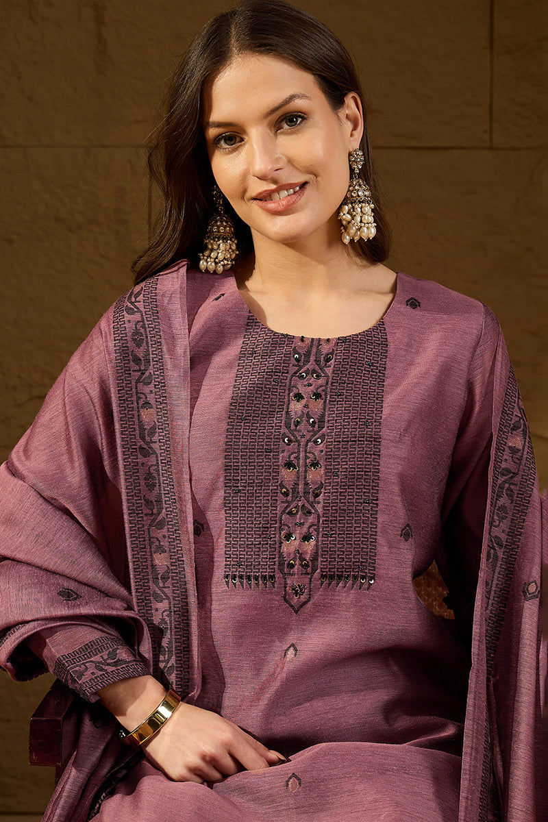 Mauve Chanderi Woven Design Straight Kurta Trouser with Dupatta PKSKD2