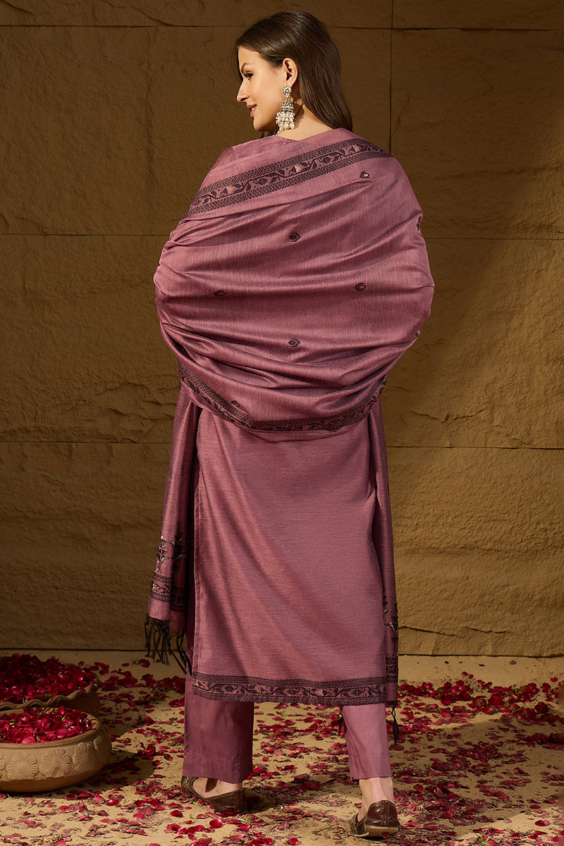 Mauve Chanderi Woven Design Straight Kurta Trouser with Dupatta PKSKD2