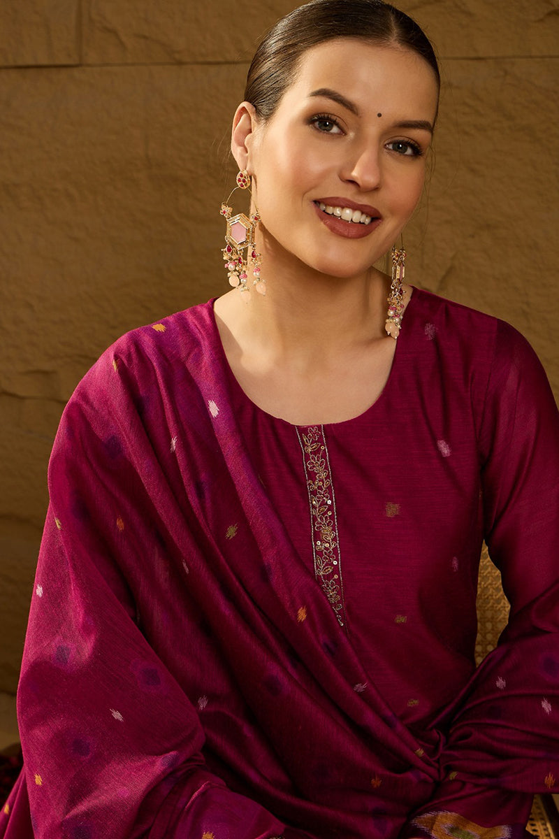 Purple Chanderi Solid Woven Design Straight Kurta Trouser With Dupatta PKSKD2910