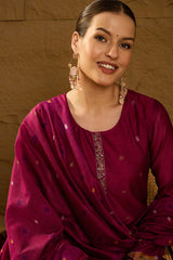 Purple Chanderi Solid Woven Design Straight Kurta Trouser With Dupatta PKSKD2910