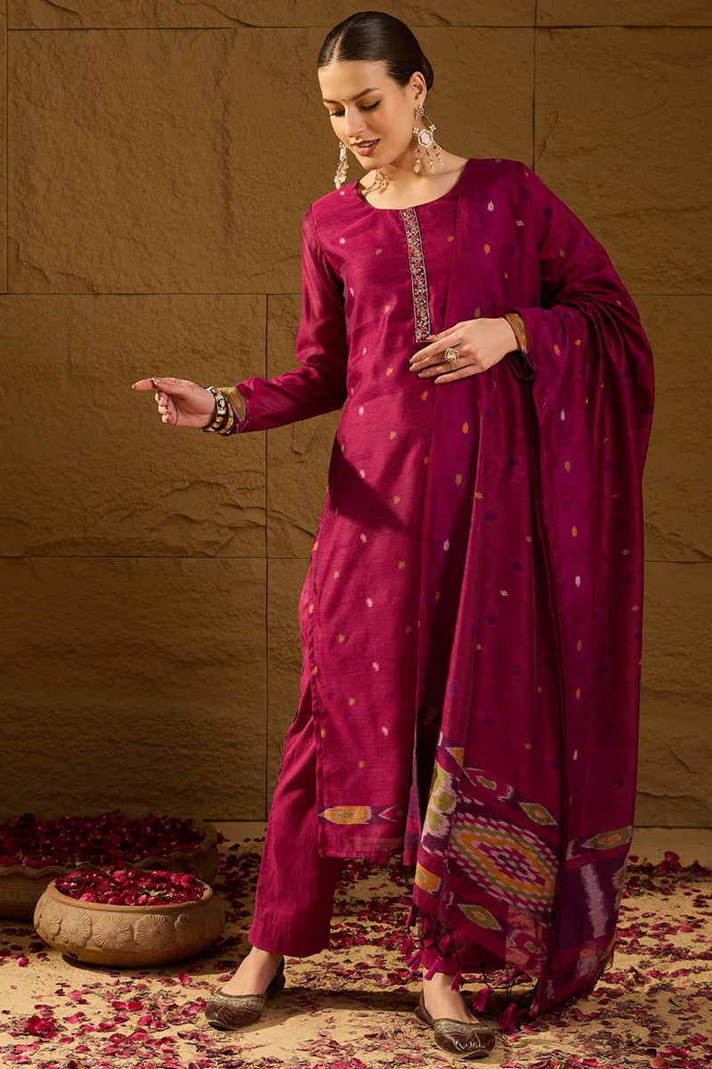 Purple Chanderi Solid Woven Design Straight Kurta Trouser With Dupatta PKSKD2910