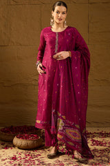 Purple Chanderi Solid Woven Design Straight Kurta Trouser With Dupatta PKSKD2910