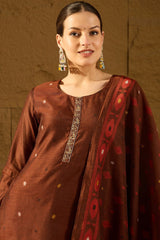 Brown Chanderi Solid Woven Design Straight Kurta Trouser With Dupatta PKSKD2911