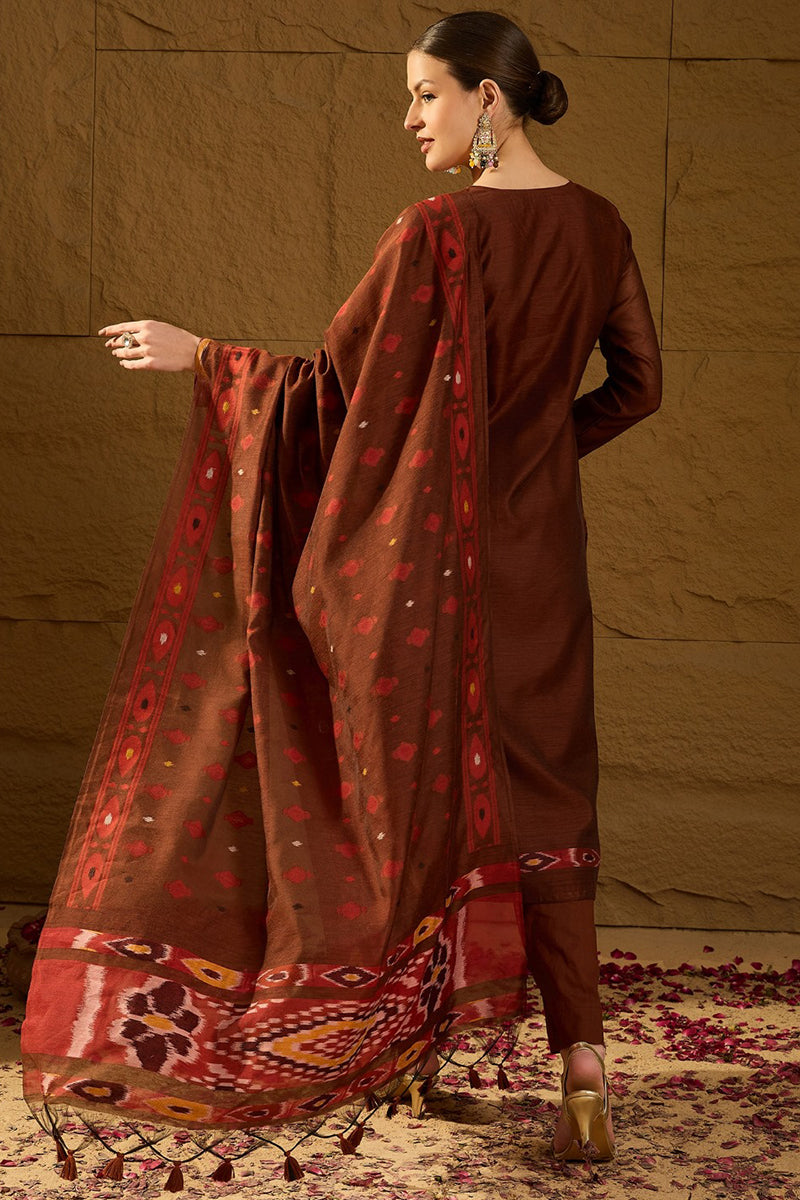 Brown Chanderi Solid Woven Design Straight Kurta Trouser With Dupatta PKSKD2911
