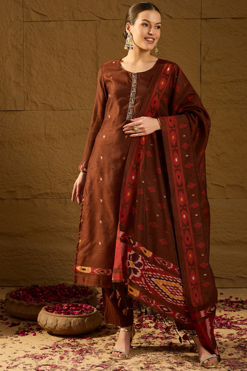 Brown Chanderi Solid Woven Design Straight Kurta Trouser With Dupatta PKSKD2911