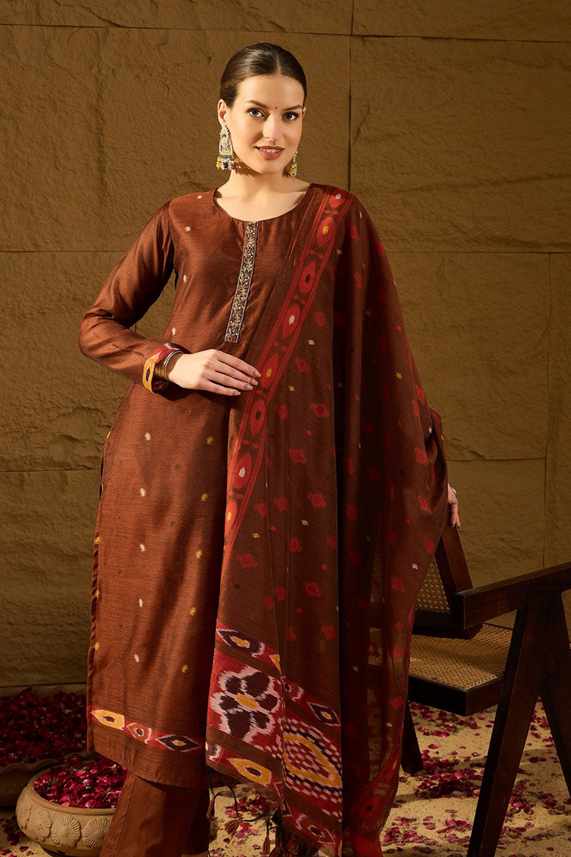 Brown Chanderi Solid Woven Design Straight Kurta Trouser With Dupatta PKSKD2911