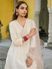 Women Off White Silk Blend Solid Embroidered A-Line Kurta Trousers With Dupatta-PKSKD2915