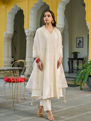 Women Off White Silk Blend Solid Embroidered A-Line Kurta Trousers With Dupatta-PKSKD2915