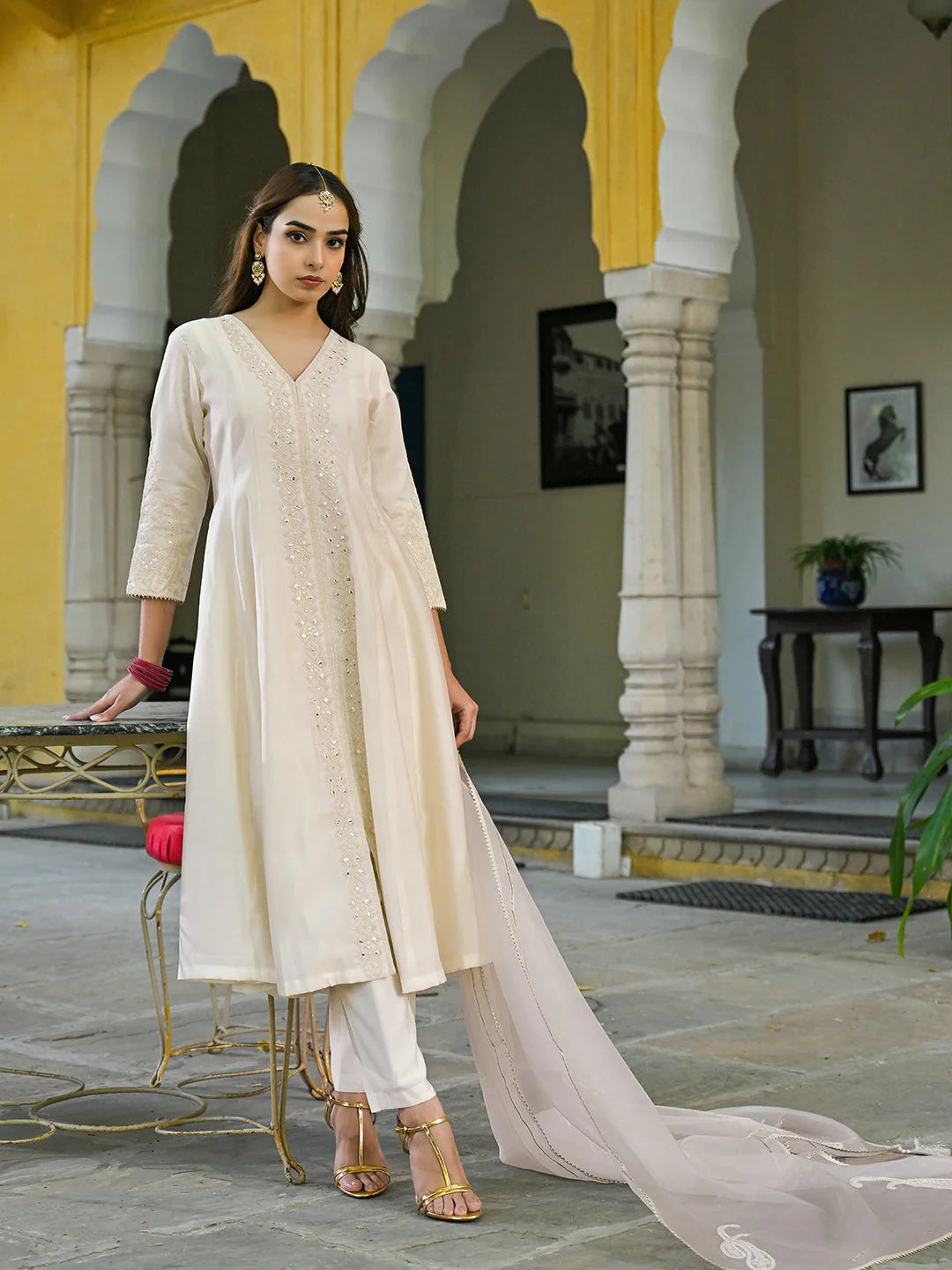 Women Off White Silk Blend Solid Embroidered A-Line Kurta Trousers With Dupatta