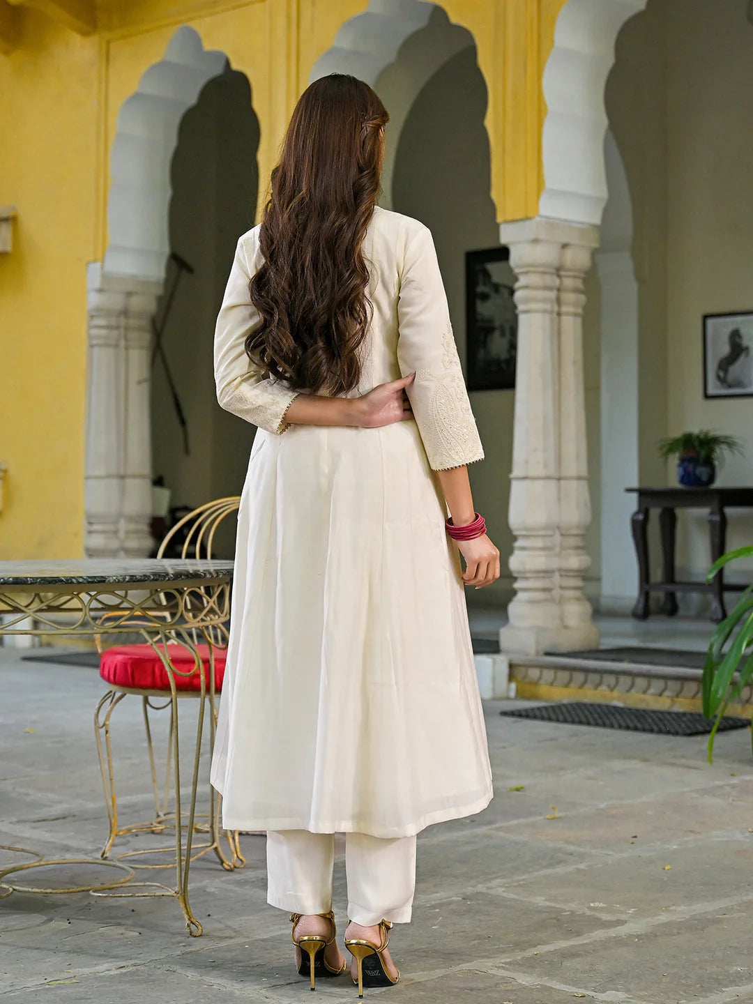 Women Off White Silk Blend Solid Embroidered A-Line Kurta Trousers With Dupatta