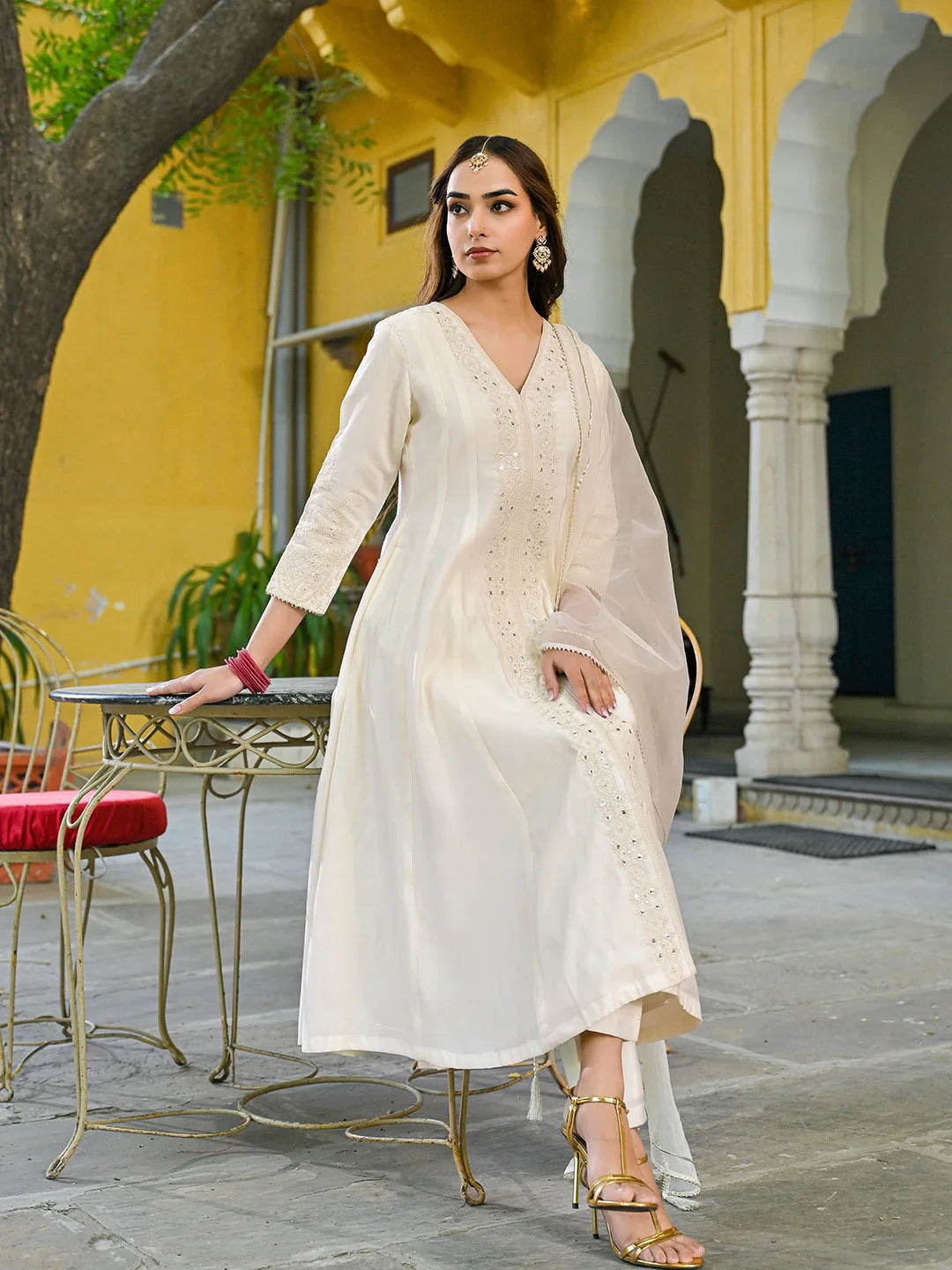 Women Off White Silk Blend Solid Embroidered A-Line Kurta Trousers With Dupatta
