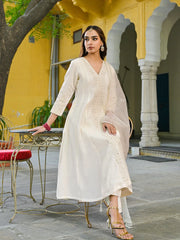 Women Off White Silk Blend Solid Embroidered A-Line Kurta Trousers With Dupatta-PKSKD2915