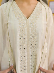 Women Off White Silk Blend Solid Embroidered A-Line Kurta Trousers With Dupatta-PKSKD2915