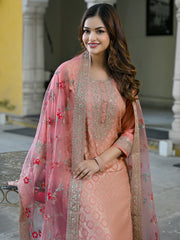 Women Peach Silk Blend Solid Woven Design Straight Kurta Trousers With Dupatta-PKSKD2924