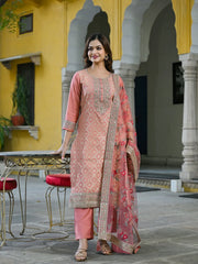 Women Peach Silk Blend Solid Woven Design Straight Kurta Trousers With Dupatta-PKSKD2924