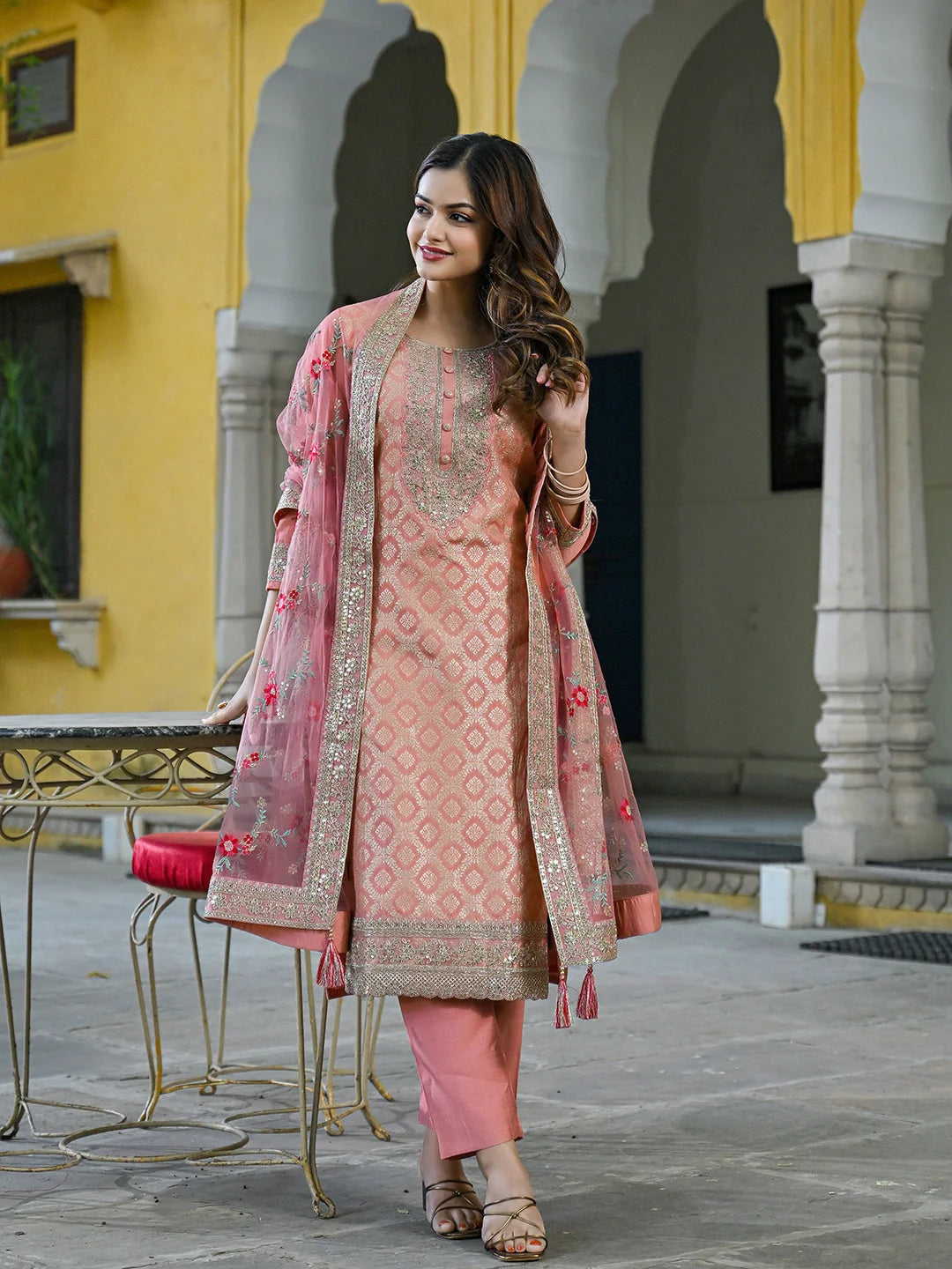 Women Peach Silk Blend Solid Woven Design Straight Kurta Trousers With Dupatta