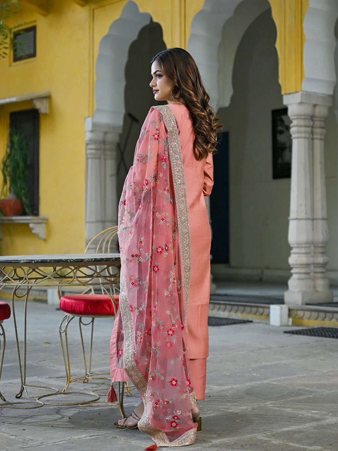 Women Peach Silk Blend Solid Woven Design Straight Kurta Trousers With Dupatta