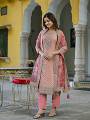 Women Peach Silk Blend Solid Woven Design Straight Kurta Trousers With Dupatta-PKSKD2924