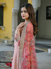 Women Peach Silk Blend Solid Woven Design Straight Kurta Trousers With Dupatta-PKSKD2924