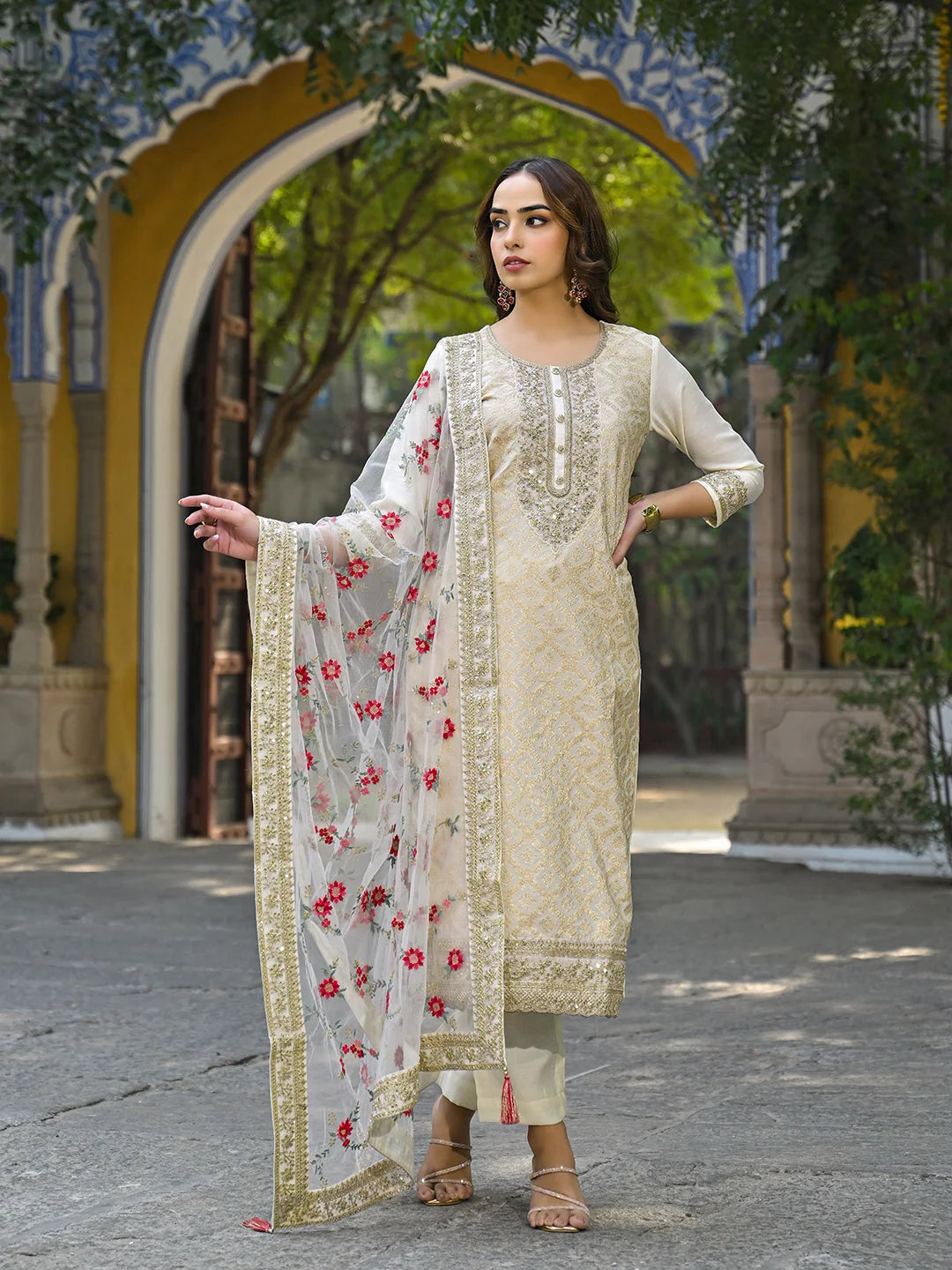 Women Off White Silk Blend Solid Embroidered Straight Kurta Trousers With Dupatta