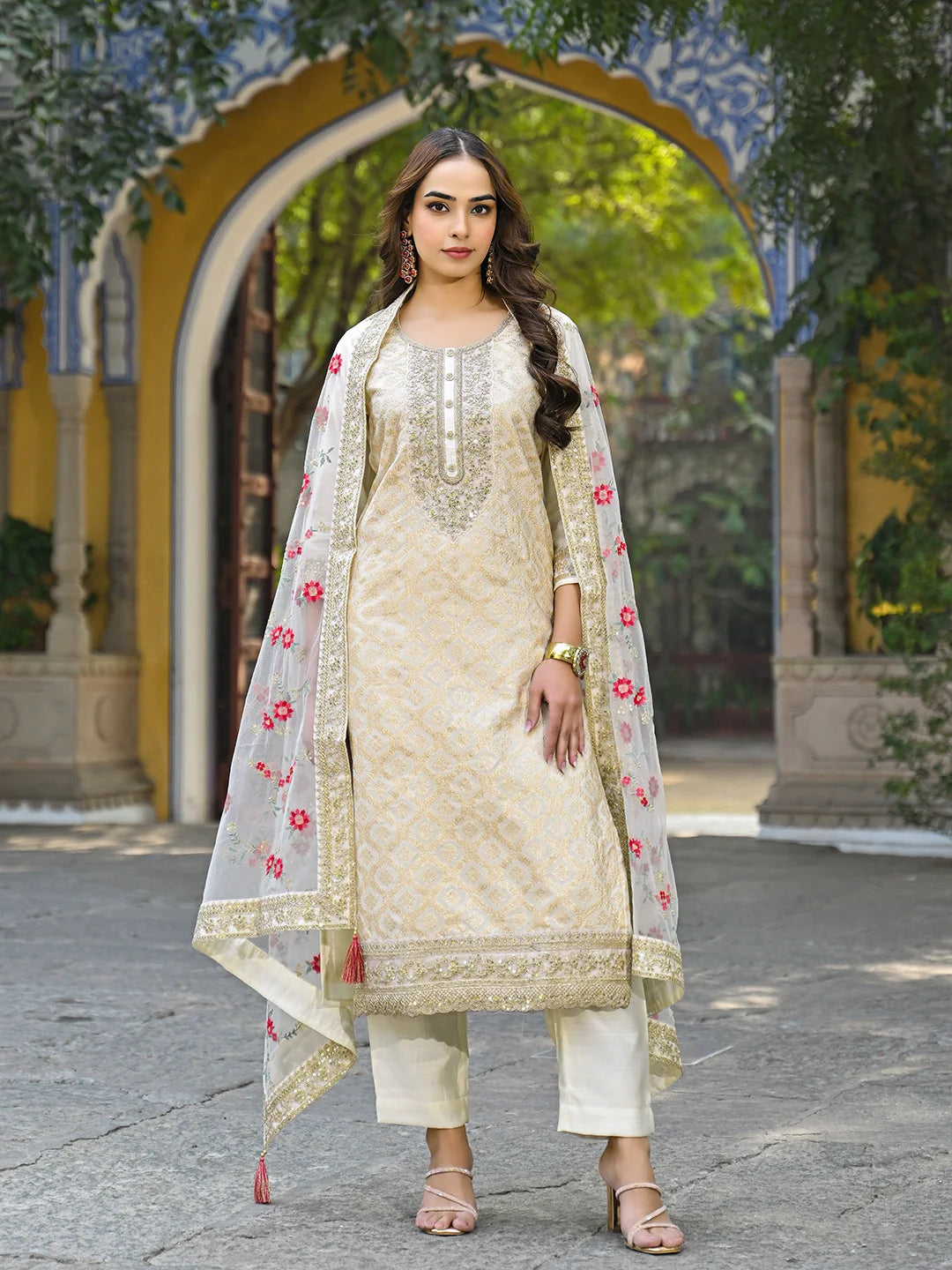 Women Off White Silk Blend Solid Embroidered Straight Kurta Trousers With Dupatta