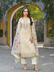 Women Off White Silk Blend Solid Embroidered Straight Kurta Trousers With Dupatta-PKSKD2925