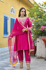 Pink Silk Blend Solid Embroidered Anarkali Kurta Salwar With Dupatta PKSKD2926