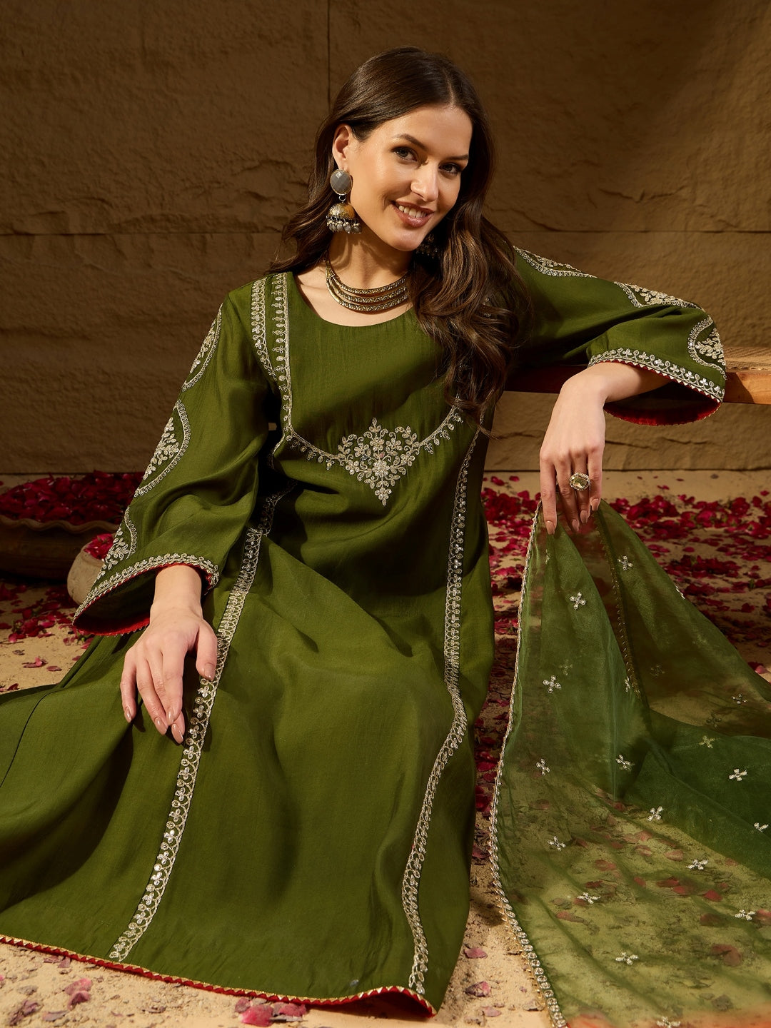 Women Green Silk Blend Embroidered A-Line Kurta Sets-PKSKD2927