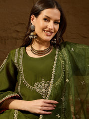 Women Green Silk Blend Embroidered A-Line Kurta Sets-PKSKD2927