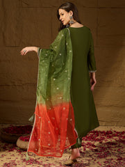 Women Green Silk Blend Embroidered A-Line Kurta Sets-PKSKD2927